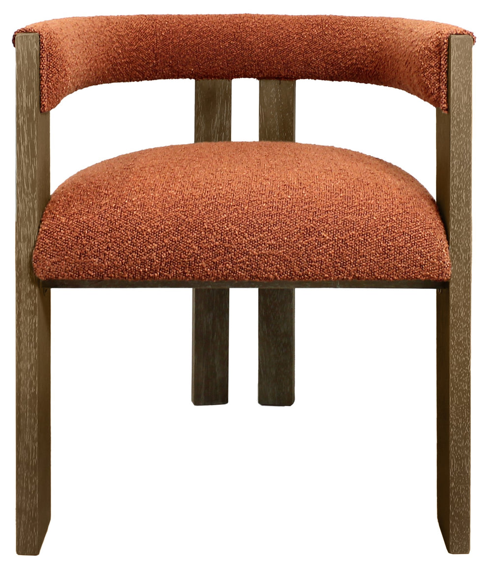 Homeroots Burnt Orange And Brown Upholstered Boucle Open Back Dining Arm Chair   555322