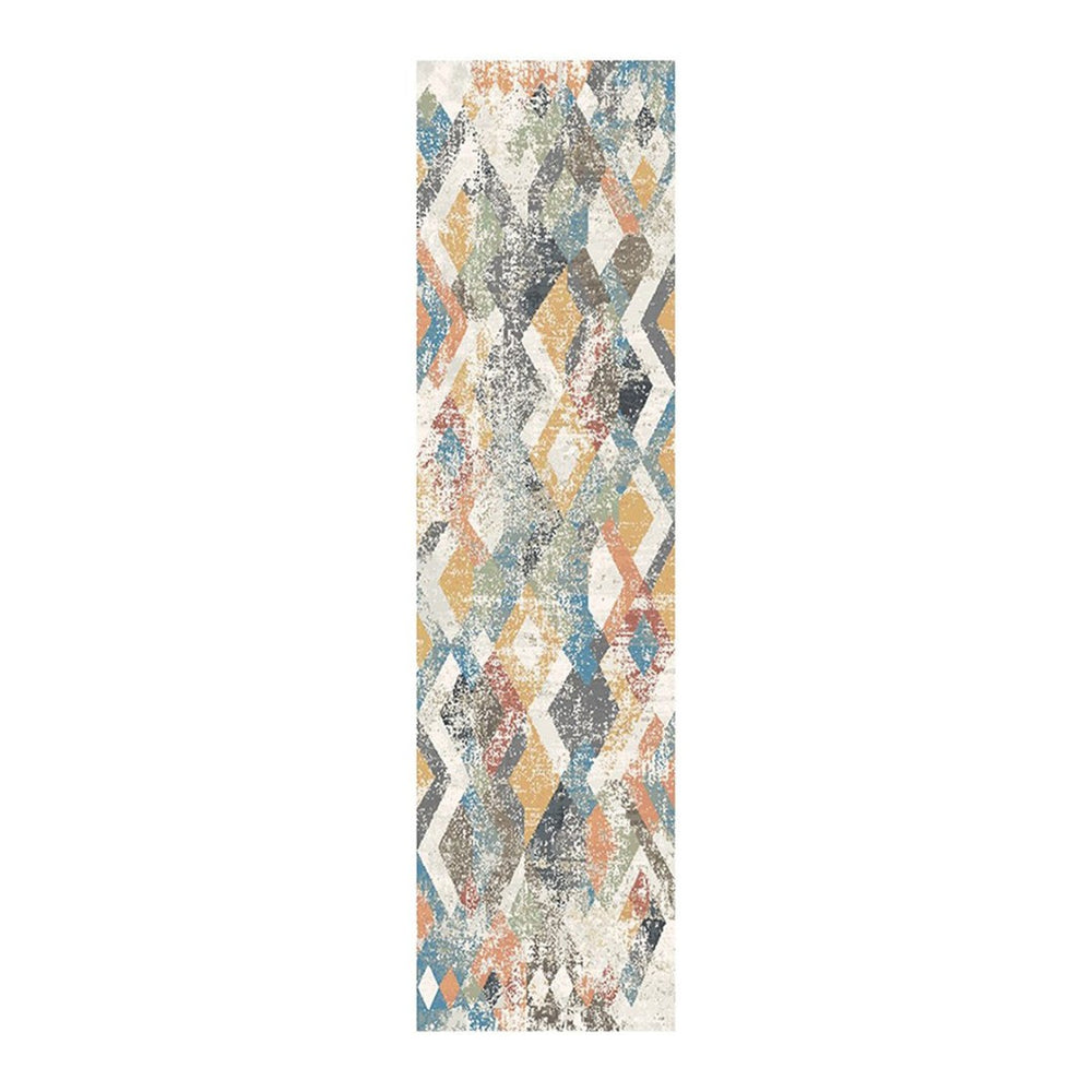 HomeRoots 8' Beige Geometric Distressed Runner Rug with Blue and Gray Accents - Ideal for Hallways and Entryways 555327