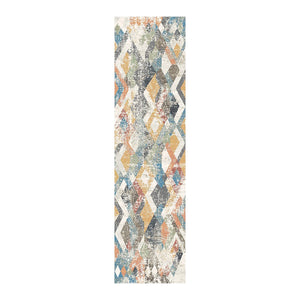Homeroots 8' Beige Blue And Gray Geometric Distressed Runner Rug With Fringe  Polyester 555327