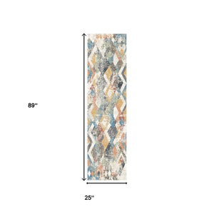 Homeroots 8' Beige Blue And Gray Geometric Distressed Runner Rug With Fringe  Polyester 555327