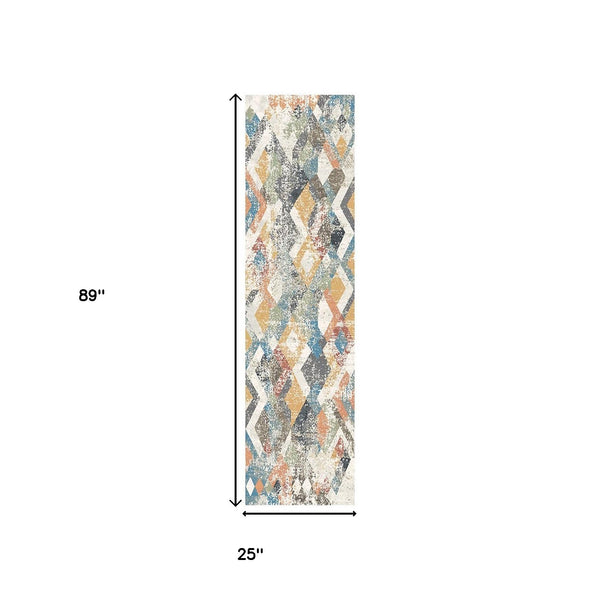 Homeroots 8' Beige Blue And Gray Geometric Distressed Runner Rug With Fringe  Polyester 555327