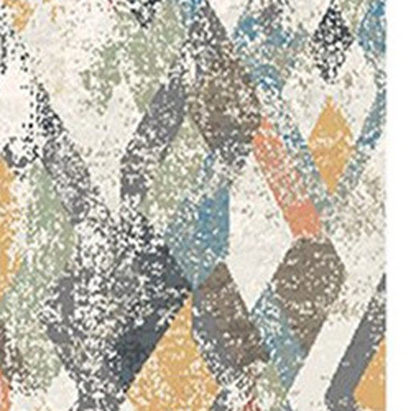 Homeroots 8' Beige Blue And Gray Geometric Distressed Runner Rug With Fringe  Polyester 555327