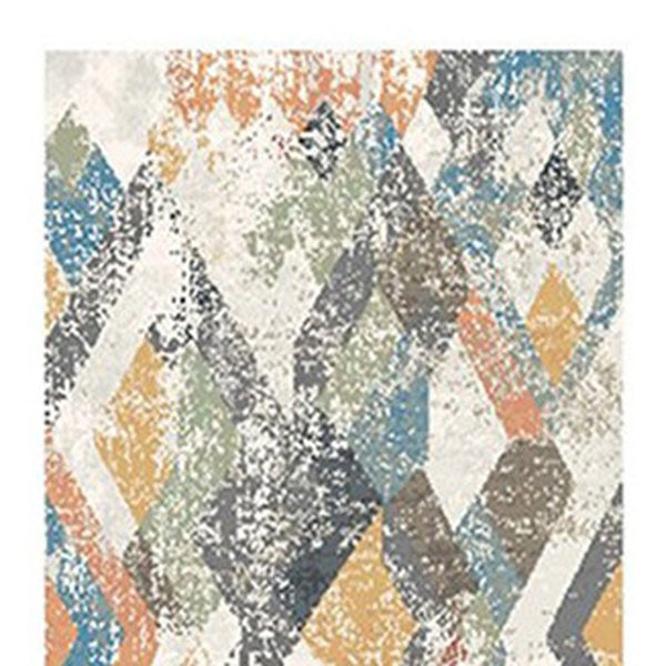 Homeroots 8' Beige Blue And Gray Geometric Distressed Runner Rug With Fringe  Polyester 555327