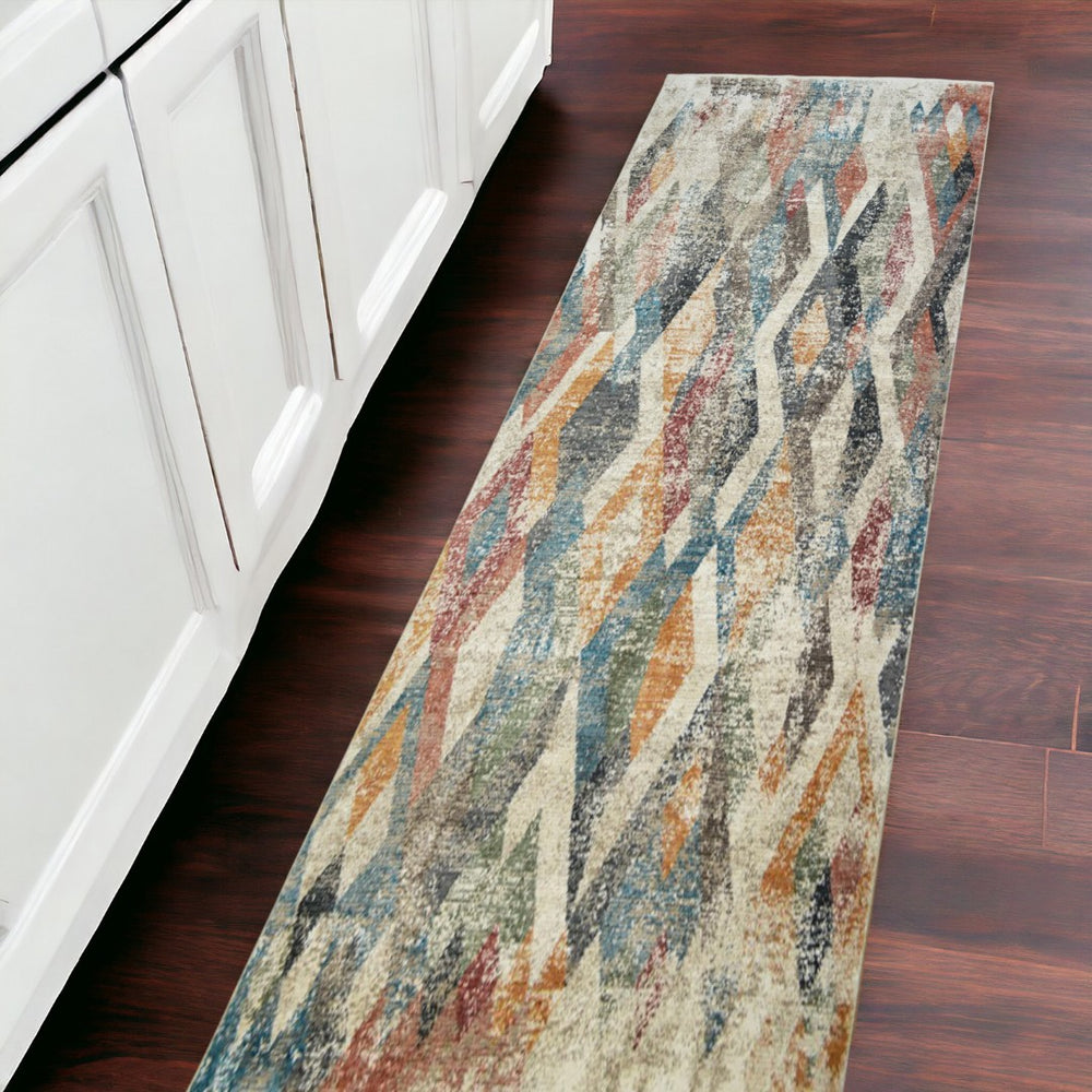 HomeRoots 8' Beige Geometric Distressed Runner Rug with Blue and Gray Accents - Ideal for Hallways and Entryways 555327