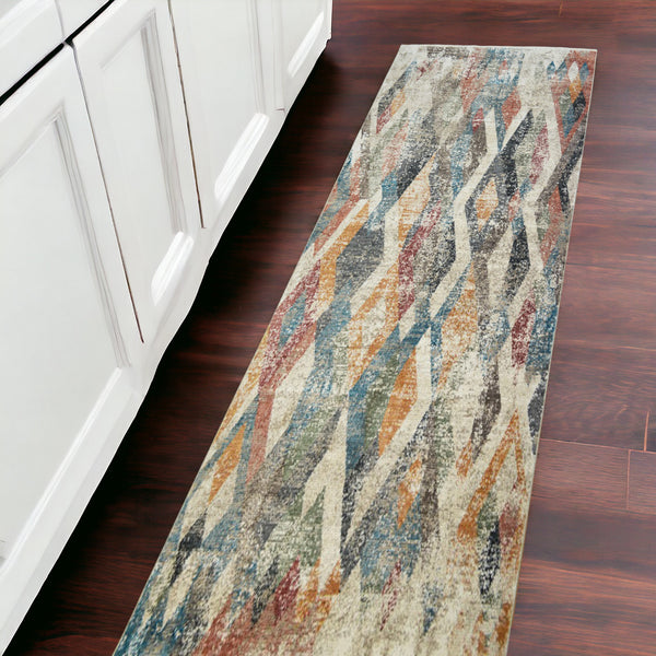 Homeroots 8' Beige Blue And Gray Geometric Distressed Runner Rug With Fringe  Polyester 555327