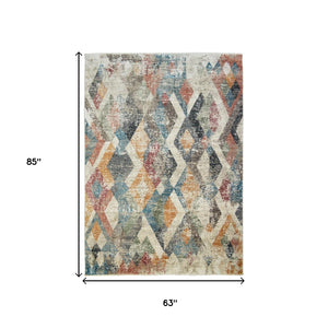 Homeroots 5' X 8' Beige Blue And Gray Geometric Distressed Area Rug With Fringe  Polyester 555328