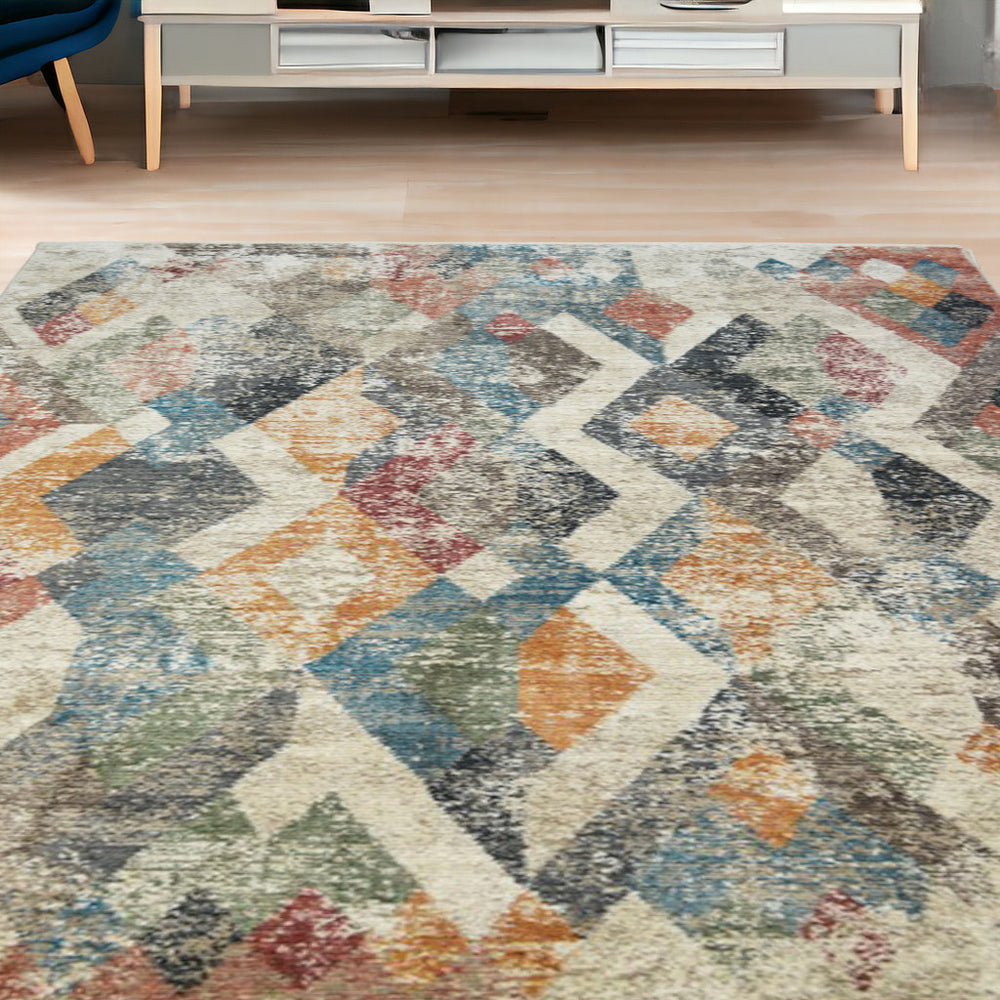 Homeroots 5' X 8' Beige Blue And Gray Geometric Distressed Area Rug With Fringe  Polyester 555328