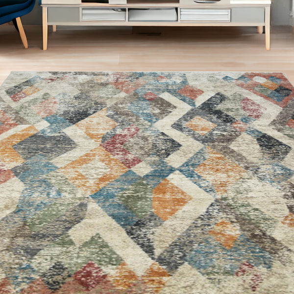 Homeroots 5' X 8' Beige Blue And Gray Geometric Distressed Area Rug With Fringe  Polyester 555328