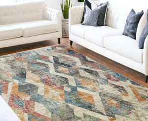 Homeroots 8' X 10' Beige Blue And Gray Geometric Distressed Area Rug With Fringe  Polyester 555329