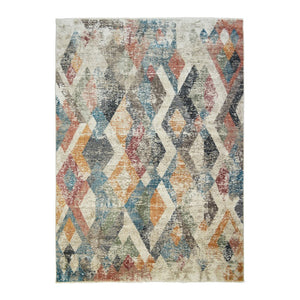 HomeRoots 5' Stylish Beige Blue and Gray Geometric Distressed Area Rug with Short Fringe for Any Space 9' X 13' 555330