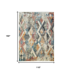 HomeRoots 5' Stylish Beige Blue and Gray Geometric Distressed Area Rug with Short Fringe for Any Space 9' X 13' 555330