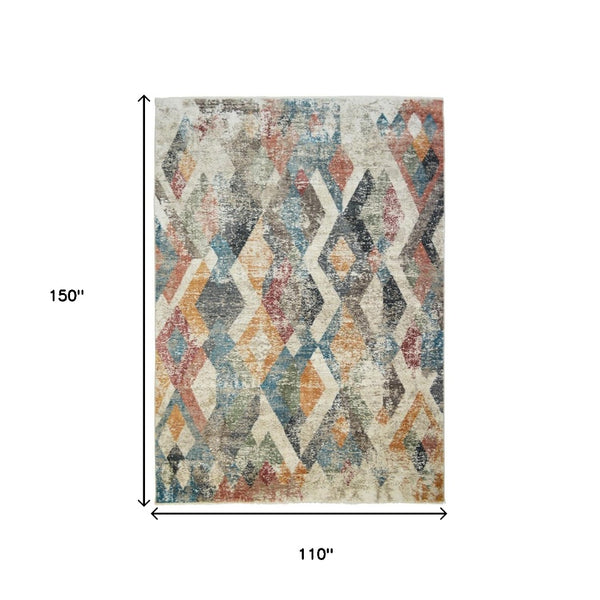 HomeRoots 5' Stylish Beige Blue and Gray Geometric Distressed Area Rug with Short Fringe for Any Space 9' X 13' 555330