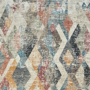 HomeRoots 5' Stylish Beige Blue and Gray Geometric Distressed Area Rug with Short Fringe for Any Space 9' X 13' 555330