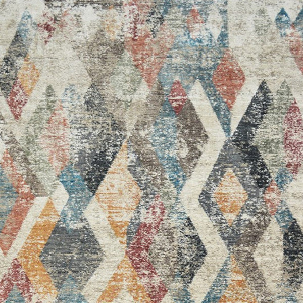 HomeRoots 5' Stylish Beige Blue and Gray Geometric Distressed Area Rug with Short Fringe for Any Space 9' X 13' 555330