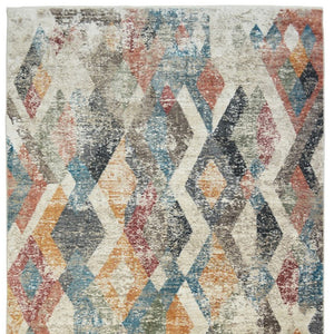HomeRoots 5' Stylish Beige Blue and Gray Geometric Distressed Area Rug with Short Fringe for Any Space 9' X 13' 555330