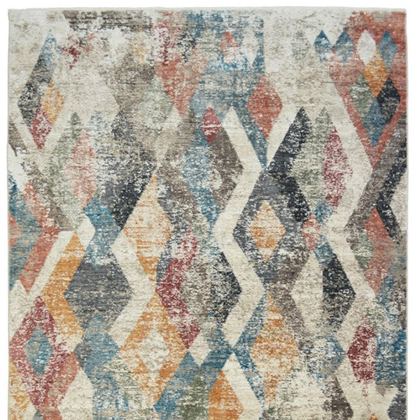 HomeRoots 5' Stylish Beige Blue and Gray Geometric Distressed Area Rug with Short Fringe for Any Space 9' X 13' 555330