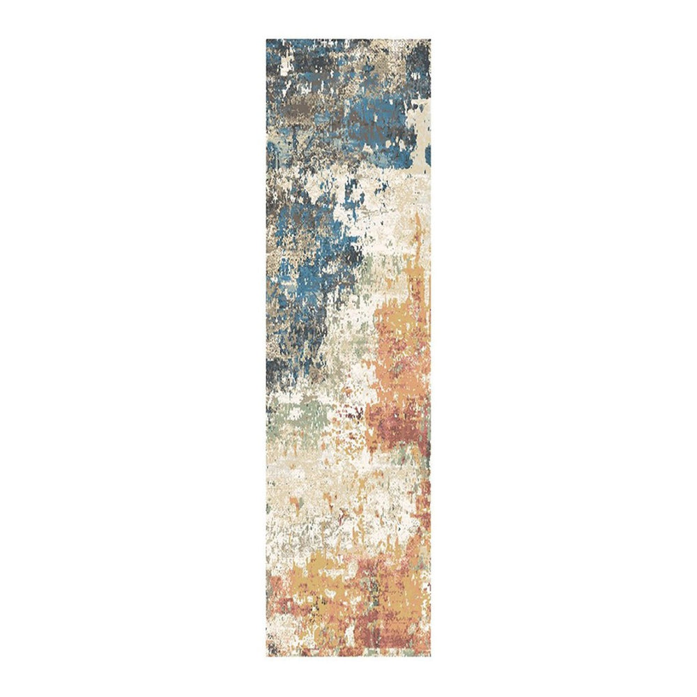 HomeRoots 8' Abstract Distressed Runner Rug in Beige, Blue & Ivory - Stylish, Durable, Stain-Resistant Design 555332
