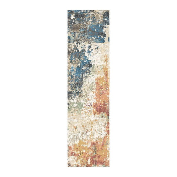 HomeRoots 8' Abstract Distressed Runner Rug in Beige, Blue & Ivory - Stylish, Durable, Stain-Resistant Design 555332