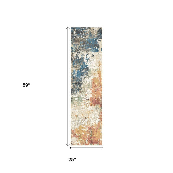 HomeRoots 8' Abstract Distressed Runner Rug in Beige, Blue & Ivory - Stylish, Durable, Stain-Resistant Design 555332