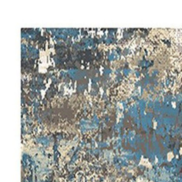 HomeRoots 8' Abstract Distressed Runner Rug in Beige, Blue & Ivory - Stylish, Durable, Stain-Resistant Design 555332