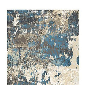 HomeRoots 8' Abstract Distressed Runner Rug in Beige, Blue & Ivory - Stylish, Durable, Stain-Resistant Design 555332