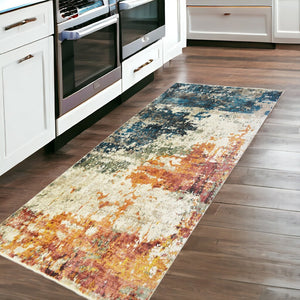 HomeRoots 8' Abstract Distressed Runner Rug in Beige, Blue & Ivory - Stylish, Durable, Stain-Resistant Design 555332