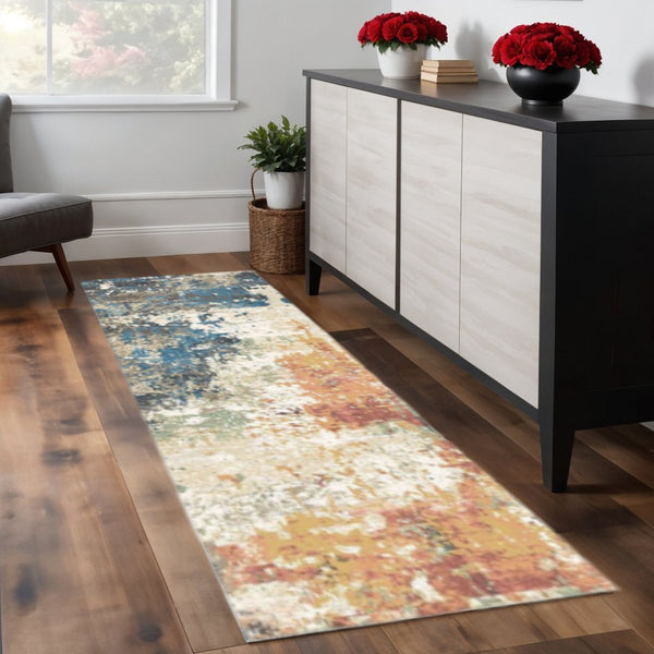 HomeRoots 8' Abstract Distressed Runner Rug in Beige, Blue & Ivory - Stylish, Durable, Stain-Resistant Design 555332