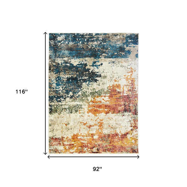 Homeroots 8' X 10' Beige Blue And Ivory Abstract Distressed Area Rug With Fringe  Polyester 555334