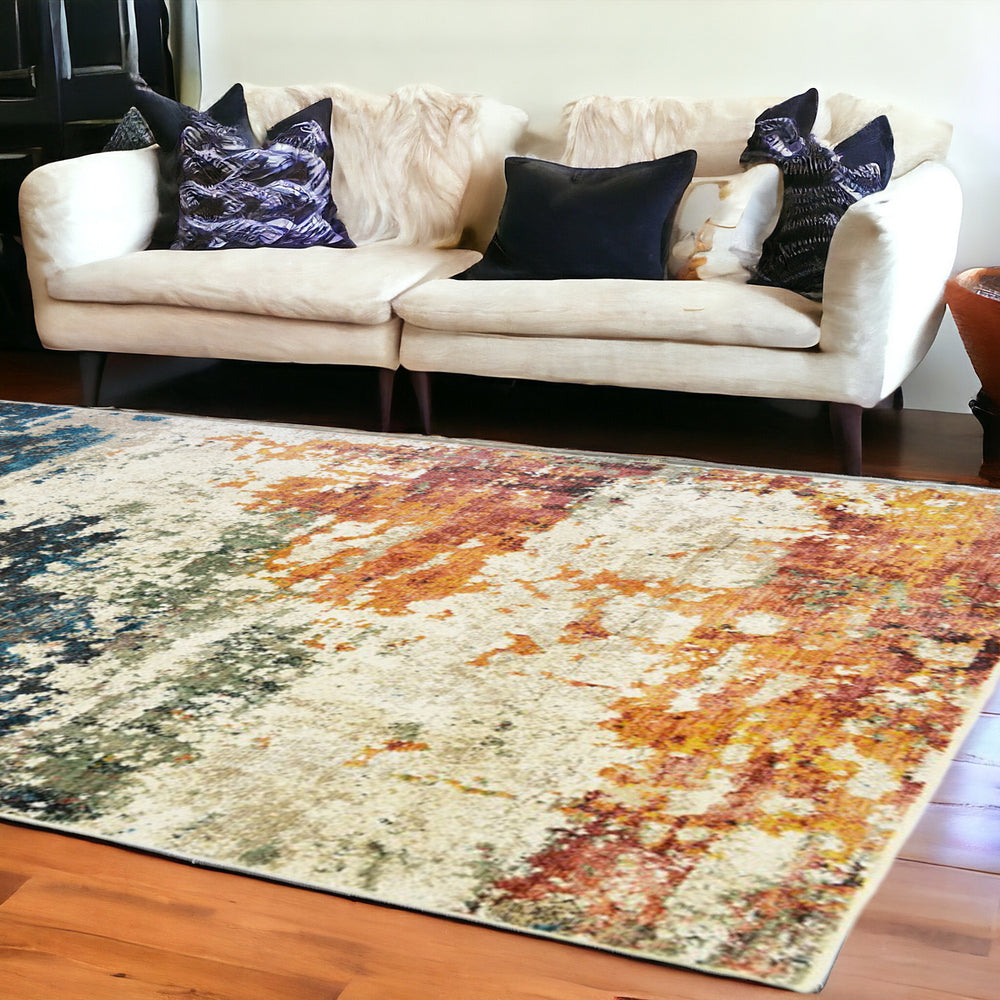 Homeroots 8' X 10' Beige Blue And Ivory Abstract Distressed Area Rug With Fringe  Polyester 555334