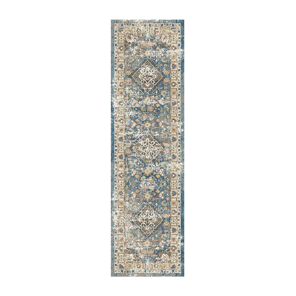 HomeRoots 8' Blue and Brown Distressed Runner Rug with Vintage Flair, Stain-Resistant and Fringed Edges 555342
