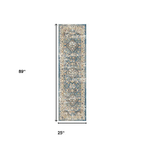 Homeroots 8' Blue And Brown Oriental Distressed Runner Rug With Fringe  Polyester 555342