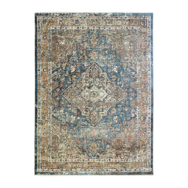 HomeRoots 9' Distressed Blue and Brown Oriental Area Rug with Fringed Edges for Inviting Home Decor 9' X 13' 555345