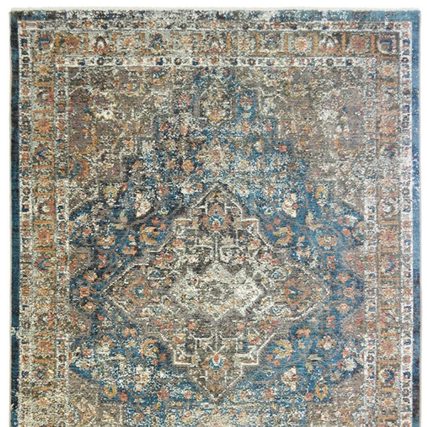 HomeRoots 9' Distressed Blue and Brown Oriental Area Rug with Fringed Edges for Inviting Home Decor 9' X 13' 555345