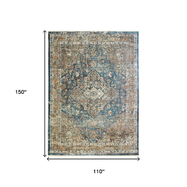 HomeRoots 9' Distressed Blue and Brown Oriental Area Rug with Fringed Edges for Inviting Home Decor 9' X 13' 555345