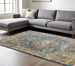 HomeRoots 9' Distressed Blue and Brown Oriental Area Rug with Fringed Edges for Inviting Home Decor 9' X 13' 555345
