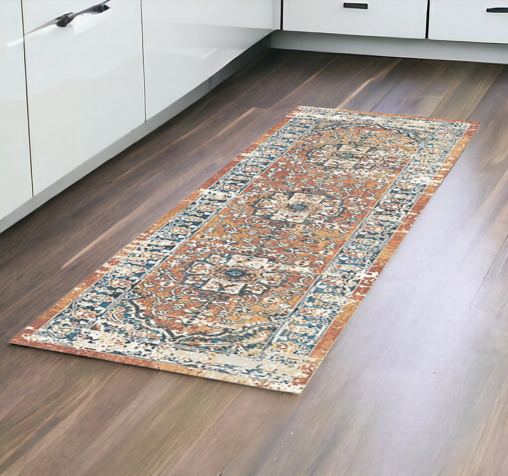 Homeroots 8' Rust Oriental Distressed Runner Rug With Fringe  Polyester 555347