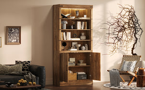 English Elm 83.4"Tall Modern Bookshelf with Doors Walnut, LED Accent Lighting, 3 Adjustable Shelves, Storage Cabinet N751S346154W