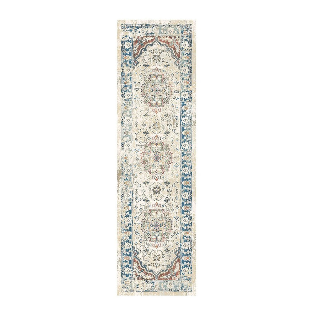 HomeRoots 8' Elegant Ivory, Blue & Gray Oriental Distressed Runner Rug with Fringe for Hallways & Living Spaces 555352