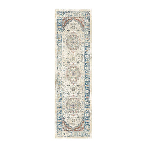 HomeRoots 8' Elegant Ivory, Blue & Gray Oriental Distressed Runner Rug with Fringe for Hallways & Living Spaces 555352