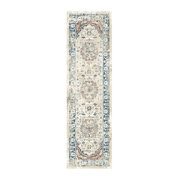 HomeRoots 8' Elegant Ivory, Blue & Gray Oriental Distressed Runner Rug with Fringe for Hallways & Living Spaces 555352