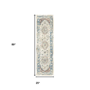HomeRoots 8' Elegant Ivory, Blue & Gray Oriental Distressed Runner Rug with Fringe for Hallways & Living Spaces 555352