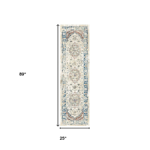 HomeRoots 8' Elegant Ivory, Blue & Gray Oriental Distressed Runner Rug with Fringe for Hallways & Living Spaces 555352