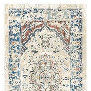 HomeRoots 8' Elegant Ivory, Blue & Gray Oriental Distressed Runner Rug with Fringe for Hallways & Living Spaces 555352