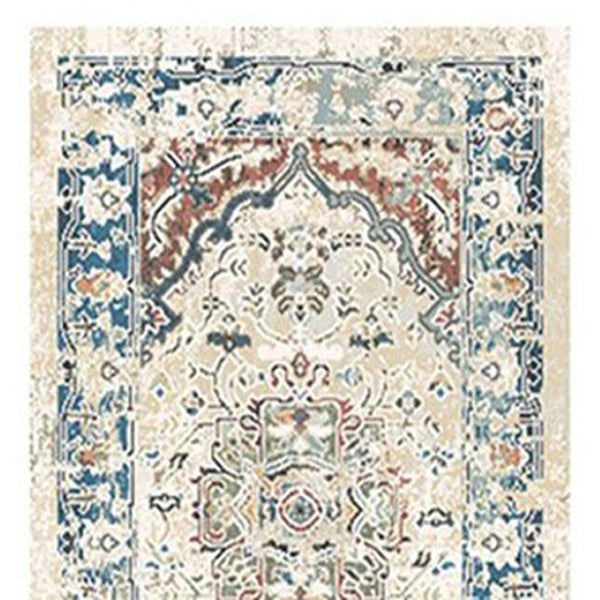 HomeRoots 8' Elegant Ivory, Blue & Gray Oriental Distressed Runner Rug with Fringe for Hallways & Living Spaces 555352