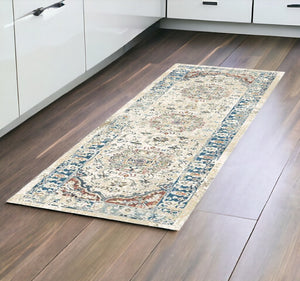 HomeRoots 8' Elegant Ivory, Blue & Gray Oriental Distressed Runner Rug with Fringe for Hallways & Living Spaces 555352