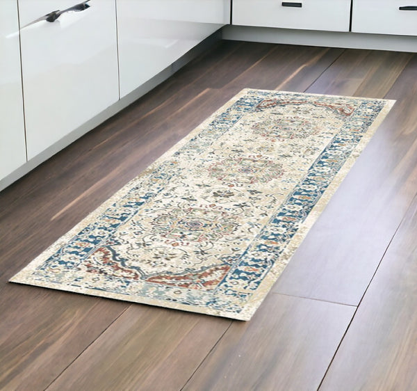 HomeRoots 8' Elegant Ivory, Blue & Gray Oriental Distressed Runner Rug with Fringe for Hallways & Living Spaces 555352
