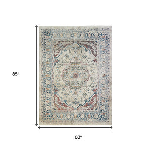 Homeroots 5' X 8' Ivory Blue And Gray Oriental Distressed Area Rug With Fringe  Polyester 555353
