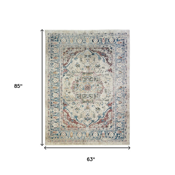 Homeroots 5' X 8' Ivory Blue And Gray Oriental Distressed Area Rug With Fringe  Polyester 555353