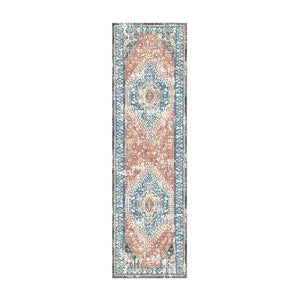 HomeRoots 8' Teal Taupe and Rust Geometric Runner Rug - Distressed Vintage Design with Fringe & Stain Resistance 555357
