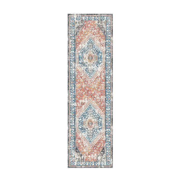 HomeRoots 8' Teal Taupe and Rust Geometric Runner Rug - Distressed Vintage Design with Fringe & Stain Resistance 555357